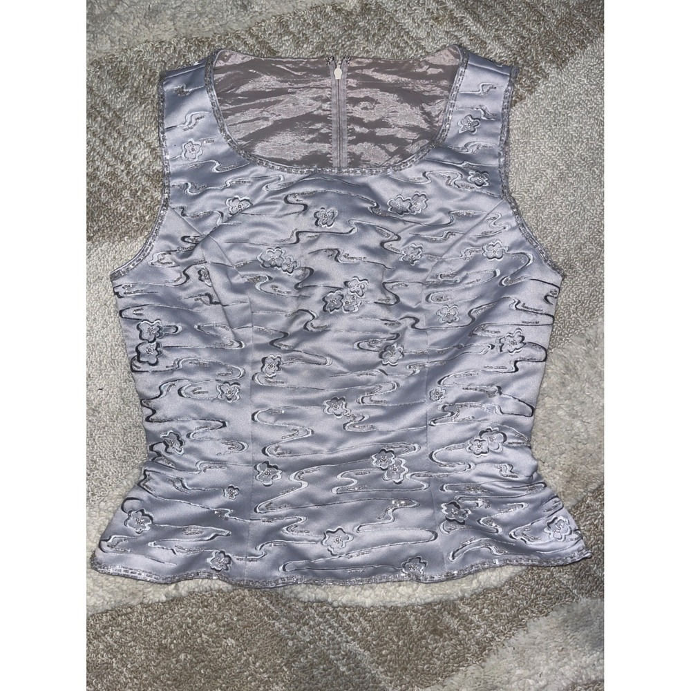 Vintage Silver Lavender Jacquard Peplum Top Sleeveless Metallic Satin y2k - Picture 2 of 5